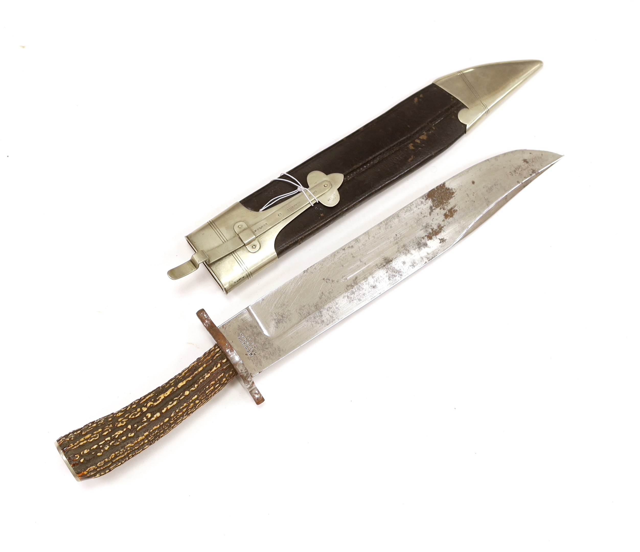 A Victorian Bowie knife, by Lund, Cornhill London, with horn handle and leather scabbard, blade 30.2cm